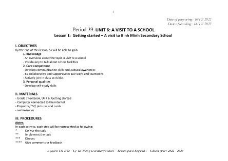 Kế hoạch bài dạy môn Tiếng Anh 7 - Tuần 15-18, Period 39-45, Unit 6: A visit to a school (GV: Nguyễn Thị Hảo)