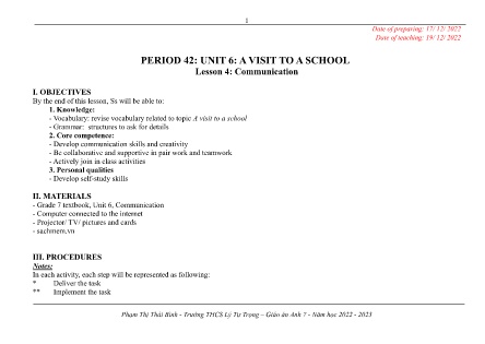 Kế hoạch bài dạy môn Tiếng Anh 7 - Tuần 16, Tiết 42+43+44 (GV: Phạm Thị Thái Bình)