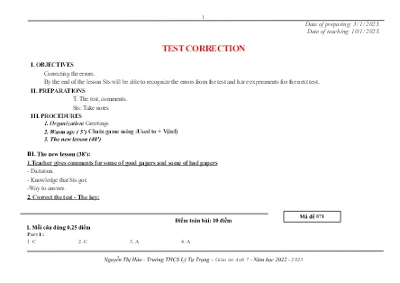 Kế hoạch bài dạy môn Tiếng Anh 7 - Tuần 19, Period 46+47, Test Correction; Review 2 (GV: Nguyễn Thị Hảo)