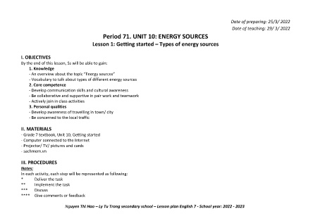 Kế hoạch bài dạy môn Tiếng Anh 7 - Tuần 29-31, Period 71-77, Unit 10: Energy sources (GV: Nguyễn Thị Hảo)