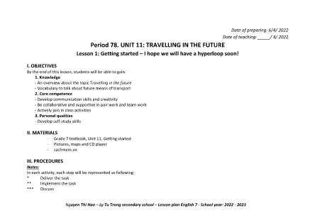 Kế hoạch bài dạy môn Tiếng Anh 7 - Tuần 32-35, Period 78-84, Unit 11: Travelling in the future (GV: Nguyễn Thị Hảo)