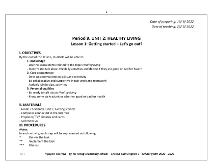 Kế hoạch bài dạy môn Tiếng Anh 7 - Tuần 3+4+5, Period 9-15, Unit 2: Healthy living (GV: Nguyễn Thị Hảo)