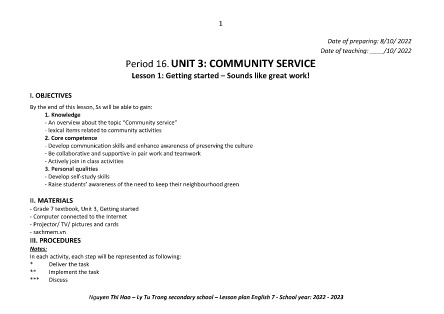 Kế hoạch bài dạy môn Tiếng Anh 7 - Tuần 6-8, Period 16-22, Unit 3: Community Service (GV: Nguyễn Thị Hảo)
