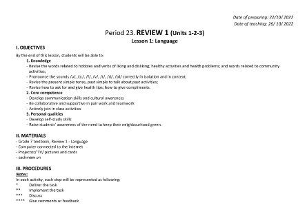 Kế hoạch bài dạy môn Tiếng Anh 7 - Tuần 8-10, Period 23+24, Review 1 (GV: Nguyễn Thị Hảo)