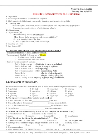 Kế hoạch bài dạy môn Tiếng Anh 9 - Tuần 1-3, Period 1-8, Unit 1: Local Environment (GV: Nguyễn Thị Hảo)