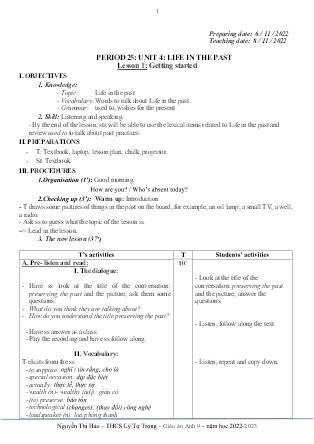 Kế hoạch bài dạy môn Tiếng Anh 9 - Tuần 10-12, Period 25-31, Unit 4: Life in the past; Test Correction (GV: Nguyễn Thị Hảo)