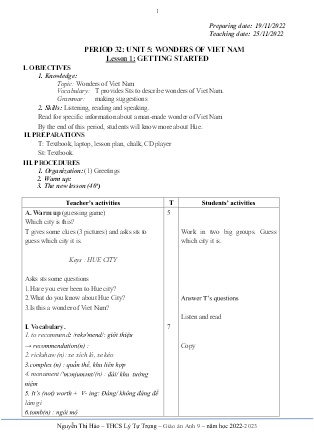 Kế hoạch bài dạy môn Tiếng Anh 9 - Tuần 12-14, Period 32-38, Unit 5: Wonders of Viet Nam (GV: Nguyễn Thị Hảo)