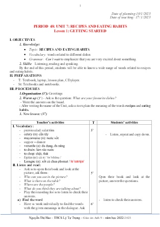 Kế hoạch bài dạy môn Tiếng Anh 9 - Tuần 20-23, Period 48-54, Unit 7: Recipes and eating Habits (GV: Nguyễn Thị Hảo)