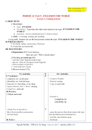 Kế hoạch bài dạy môn Tiếng Anh 9 - Tuần 25-28, Period 62-68, Unit 9: English in the world (GV: Nguyễn Thị Hảo)