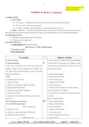 Kế hoạch bài dạy môn Tiếng Anh 9 - Tuần 28+29, Period 69+70, Review 3 + Test Correction (GV: Nguyễn Thị Hảo)