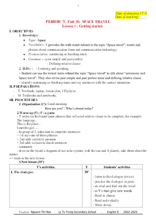 Kế hoạch bài dạy môn Tiếng Anh 9 - Tuần 29-32, Period 71-77, Unit 10: Space Travel (GV: Nguyễn Thị Hảo)