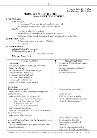 Kế hoạch bài dạy môn Tiếng Anh 9 - Tuần 3-5, Period 9-15, Unit 2: City life (GV: Nguyễn Thị Hảo)