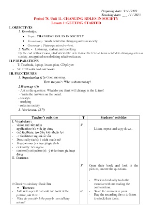 Kế hoạch bài dạy môn Tiếng Anh 9 - Tuần 32-34, Period 78-84, Unit 11: Changing roles in society (GV: Nguyễn Thị Hảo)
