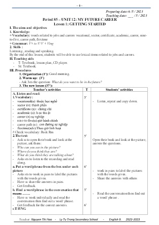 Kế hoạch bài dạy môn Tiếng Anh 9 - Tuần 35-38, Period 85-91, Unit 12: My future career (GV: Nguyễn Thị Hảo)