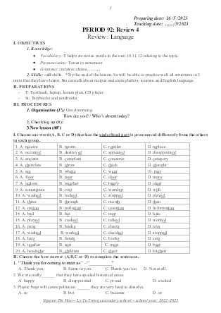 Kế hoạch bài dạy môn Tiếng Anh 9 - Tuần 38+39, Period 92+93, Review 4 (GV: Nguyễn Thị Hảo)