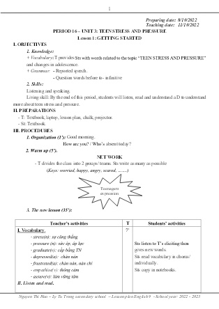 Kế hoạch bài dạy môn Tiếng Anh 9 - Tuần 6-8, Period 16-22, Unit 3: Teen Stress and pressure (GV: Nguyễn Thị Hảo)