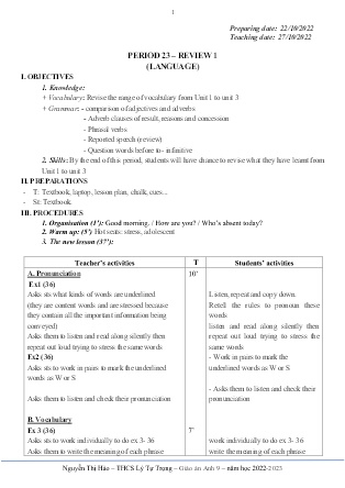 Kế hoạch bài dạy môn Tiếng Anh 9 - Tuần 8+9, Period 23+24, Review 1 (GV: Nguyễn Thị Hảo)