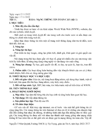 Kế hoạch bài dạy môn Tin Học 6 - Tuần 11+12, Tiết 11+12 - Bài 6: Mạng thông tin toàn cầu (GV: Nguyễn T Như Quỳnh)