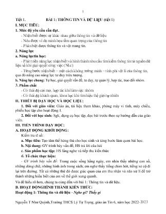 Kế hoạch bài dạy môn Tin Học 6 - Tuần 1+2, Tiết 1+2 - Bài 1: Thông tin và dữ liệu (GV: Nguyễn T Như Quỳnh)