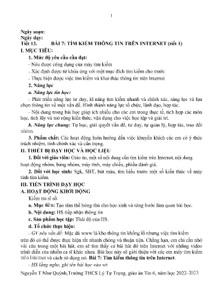 Kế hoạch bài dạy môn Tin Học 6 - Tuần 13+14, Tiết 13+14 - Bài 7: Tìm kiếm thông tin trên Internet (GV: Nguyễn T Như Quỳnh)