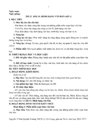 Kế hoạch bài dạy môn Tin Học 6 - Tuần 25+26, Tiết 21+22 - Bài 11: Định dạng văn bản (GV: Nguyễn T Như Quỳnh)