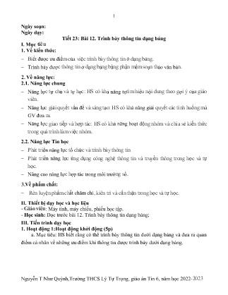 Kế hoạch bài dạy môn Tin Học 6 - Tuần 27, Tiết 23 - Bài 12: Trình bày thông tin dạng bảng (GV: Nguyễn T Như Quỳnh)