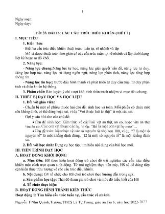 Kế hoạch bài dạy môn Tin Học 6 - Tuần 32+33, Tiết 28+29 - Bài 16: Các cấu trúc điều khiển (GV: Nguyễn T Như Quỳnh)