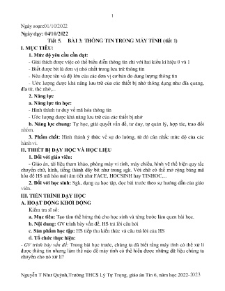 Kế hoạch bài dạy môn Tin Học 6 - Tuần 5, Tiết 5 - Bài 3: Thông tin trong máy tính (GV: Nguyễn T Như Quỳnh)
