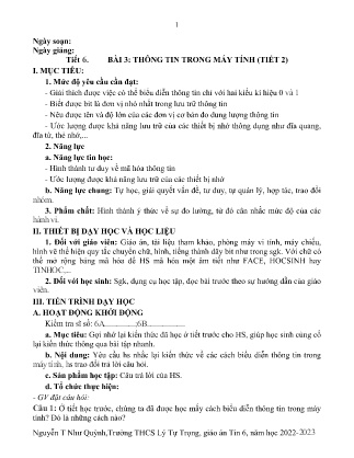 Kế hoạch bài dạy môn Tin Học 6 - Tuần 6, Tiết 6 - Bài 3: Thông tin trong máy tính (GV: Nguyễn T Như Quỳnh)