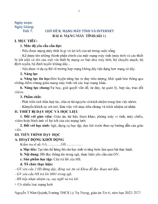 Kế hoạch bài dạy môn Tin Học 6 - Tuần 7+8, Tiết 7+8 - Bài 4: Mạng máy tính (GV: Nguyễn T Như Quỳnh)