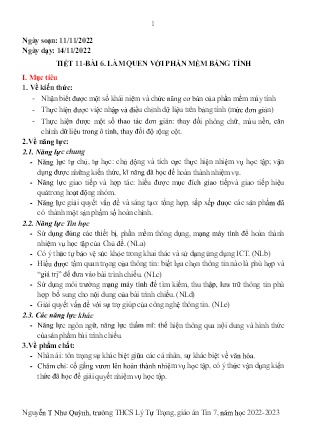 Kế hoạch bài dạy môn Tin Học 7 - Tuần 11+12, Tiết 11+12 - Bài 6: Làm quen với phần mềm bảng tính (GV: Nguyễn T Như Quỳnh)