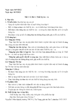 Kế hoạch bài dạy môn Tin Học 7 - Tuần 1+2, Tiết 1+2 - Bài 1: Thiết bị vào - Ra (GV: Nguyễn T Như Quỳnh)