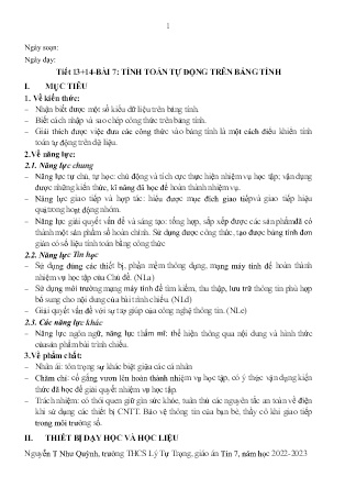 Kế hoạch bài dạy môn Tin Học 7 - Tuần 13+14, Tiết 13+14 - Bài 7: Tính toán tự động trên bảng tính (GV: Nguyễn T Như Quỳnh)