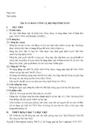 Kế hoạch bài dạy môn Tin Học 7 - Tuần 15+16, Tiết 15+16 - Bài 8: Công cụ hỗ trợ tính toán (GV: Nguyễn T Như Quỳnh)
