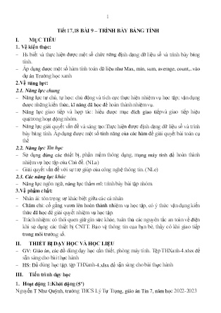 Kế hoạch bài dạy môn Tin Học 7 - Tuần 20-22, Tiết 17+18 - Bài 9: Trình bày bảng tính (GV: Nguyễn T Như Quỳnh)