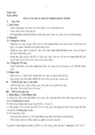 Kế hoạch bài dạy môn Tin Học 7 - Tuần 23+24, Tiết 19+20 - Bài 10: Hoàn thiện bảng tính (GV: Nguyễn T Như Quỳnh)