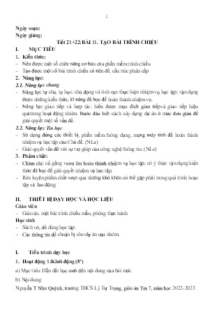 Kế hoạch bài dạy môn Tin Học 7 - Tuần 25+26, Tiết 21+22 - Bài 11: Tạo bài trình chiếu (GV: Nguyễn T Như Quỳnh)