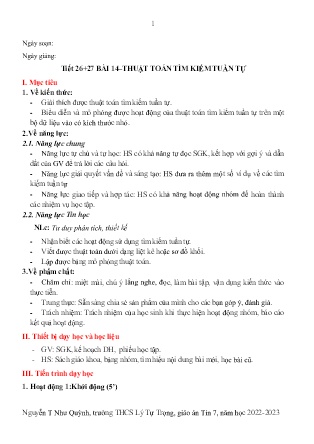 Kế hoạch bài dạy môn Tin Học 7 - Tuần 30+31, Tiết 26+27 - Bài 14: Thuật toán tìm kiếm tuần tự (GV: Nguyễn T Như Quỳnh)