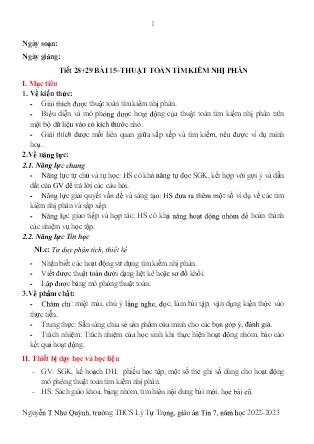 Kế hoạch bài dạy môn Tin Học 7 - Tuần 32+33, Tiết 28+29 - Bài 15: Thuật toán tìm kiếm nhị phân (GV: Nguyễn T Như Quỳnh)