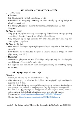Kế hoạch bài dạy môn Tin Học 7 - Tuần 34+35, Tiết 30+31 - Bài 16: Thuật toán sắp xếp (GV: Nguyễn T Như Quỳnh)