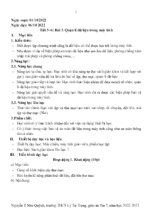 Kế hoạch bài dạy môn Tin Học 7 - Tuần 5+6, Tiết 5+6 - Bài 3: Quản lí dữ liệu trong máy tính (GV: Nguyễn T Như Quỳnh)