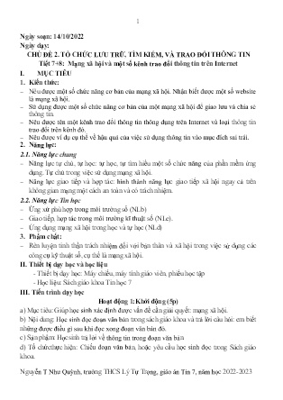 Kế hoạch bài dạy môn Tin Học 7 - Tuần 7+8, Tiết 7+8 - Bài: Mạng xã hội và một số kênh trao đổi thông tin trên Internet (GV: Nguyễn T Như Quỳnh)