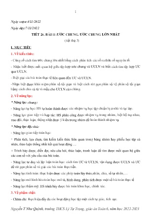 Kế hoạch bài dạy môn Toán 6 - Tuần 10, Tiết 26-28 - Bài 11+12: Ước chung, ước chung lớn nhất; Bội chung, bội chung nhỏ nhất (GV: Nguyễn T Như Quỳnh)