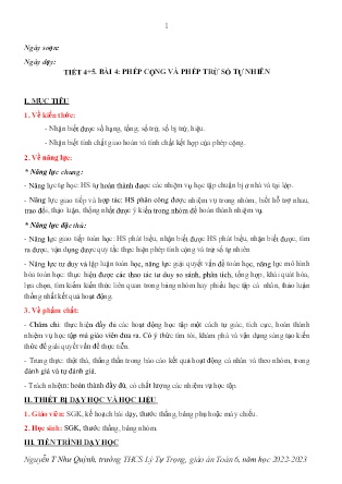 Kế hoạch bài dạy môn Toán 6 - Tuần 2, Tiết 4+5+6 - Bài 4+5: Phép cộng và phép trừ số tự nhiên; Phép nhân và phép chia số tự nhiên (GV: Nguyễn T Như Quỳnh)