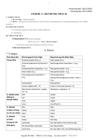 Kế hoạch bài dạy tự chọn môn Tiếng Anh 9 - Tuần 13+14. Tiết 12+13 (GV: Nguyễn Thị Hảo)