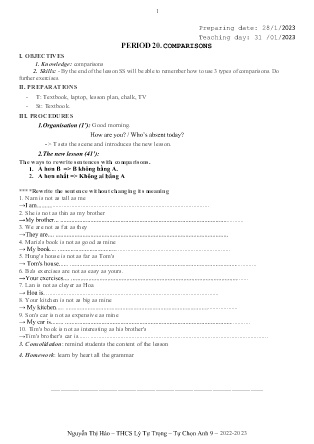 Kế hoạch bài dạy tự chọn môn Tiếng Anh 9 - Tuần 22+23. Tiết 20+21 (GV: Nguyễn Thị Hảo)