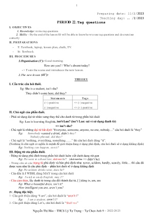 Kế hoạch bài dạy tự chọn môn Tiếng Anh 9 - Tuần 24+25. Tiết 22+23 (GV: Nguyễn Thị Hảo)