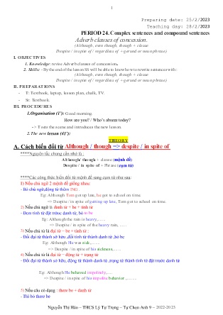 Kế hoạch bài dạy tự chọn môn Tiếng Anh 9 - Tuần 26. Tiết 24: Complex sentences and compound sentences (GV: Nguyễn Thị Hảo)